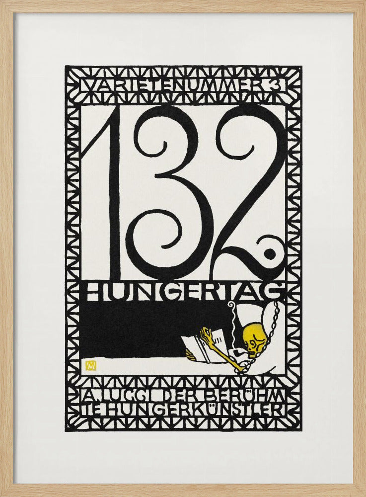 A framed vintage German art print in a graphic, woodcut style. The piece is primarily black and white with a yellow accent, featuring the large number '132' and German text like 'HUNGERTAG'. A small yellow skeleton figure is depicted reading a book and smoking a pipe, all enclosed within a geometric border. Wall Art