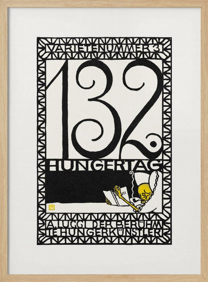 A framed vintage German art print in a graphic, woodcut style. The piece is primarily black and white with a yellow accent, featuring the large number '132' and German text like 'HUNGERTAG'. A small yellow skeleton figure is depicted reading a book and smoking a pipe, all enclosed within a geometric border. Wall Art