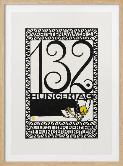 A framed vintage German art print in a graphic, woodcut style. The piece is primarily black and white with a yellow accent, featuring the large number '132' and German text like 'HUNGERTAG'. A small yellow skeleton figure is depicted reading a book and smoking a pipe, all enclosed within a geometric border. Wall Art