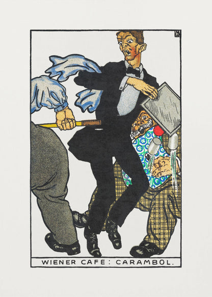 A vintage illustration titled 'Wiener Cafe: Carambol', showing a chaotic scene in a cafe. A waiter in a tuxedo looks shocked as he collides with other patrons, one holding a cue stick, causing him to drop his tray and spill drinks. Print