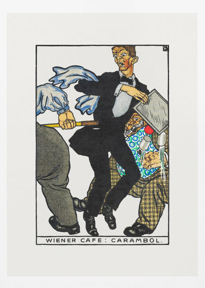 A vintage illustration titled 'Wiener Cafe: Carambol', showing a chaotic scene in a cafe. A waiter in a tuxedo looks shocked as he collides with other patrons, one holding a cue stick, causing him to drop his tray and spill drinks. Print