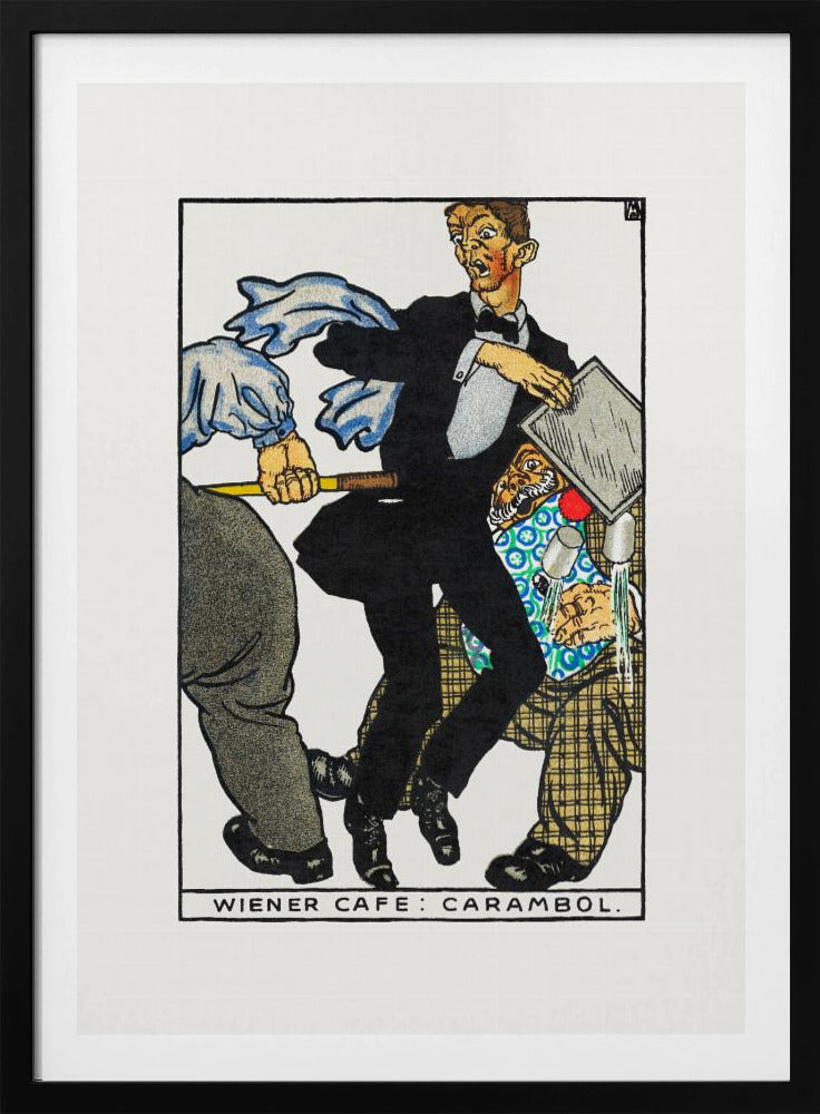 A vintage illustration titled 'Wiener Cafe: Carambol', showing a chaotic scene in a cafe. A waiter in a tuxedo looks shocked as he collides with other patrons, one holding a cue stick, causing him to drop his tray and spill drinks. Print