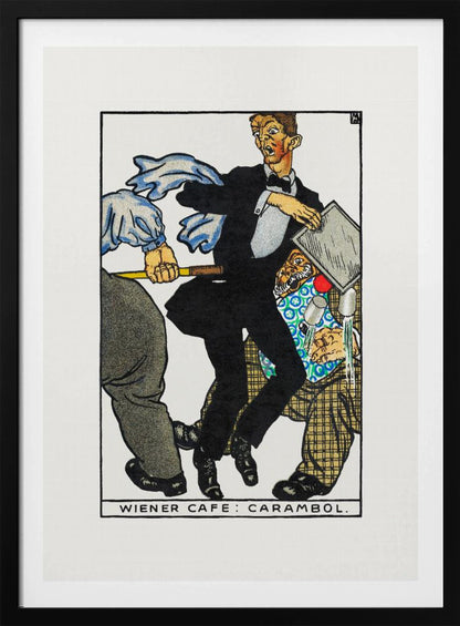 A vintage illustration titled 'Wiener Cafe: Carambol', showing a chaotic scene in a cafe. A waiter in a tuxedo looks shocked as he collides with other patrons, one holding a cue stick, causing him to drop his tray and spill drinks. Print