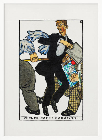 A vintage illustration titled 'Wiener Cafe: Carambol', showing a chaotic scene in a cafe. A waiter in a tuxedo looks shocked as he collides with other patrons, one holding a cue stick, causing him to drop his tray and spill drinks. Print