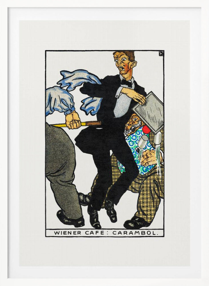 A vintage illustration titled 'Wiener Cafe: Carambol', showing a chaotic scene in a cafe. A waiter in a tuxedo looks shocked as he collides with other patrons, one holding a cue stick, causing him to drop his tray and spill drinks. Print