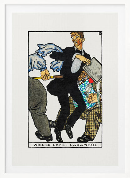 A vintage illustration titled 'Wiener Cafe: Carambol', showing a chaotic scene in a cafe. A waiter in a tuxedo looks shocked as he collides with other patrons, one holding a cue stick, causing him to drop his tray and spill drinks. Print