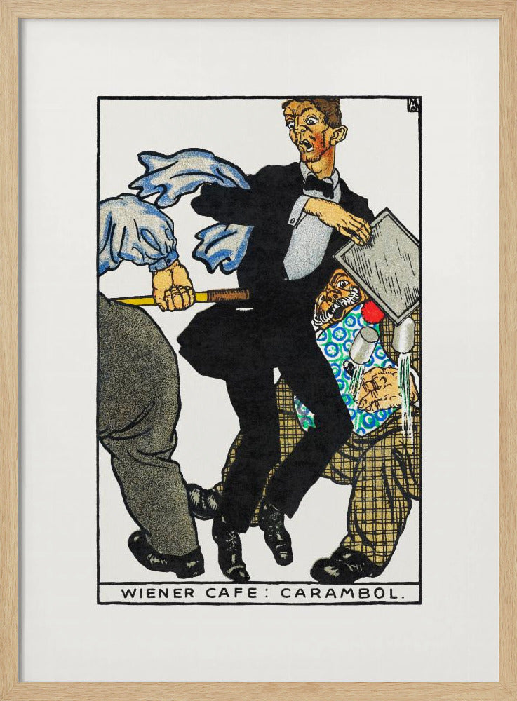 A vintage illustration titled 'Wiener Cafe: Carambol', showing a chaotic scene in a cafe. A waiter in a tuxedo looks shocked as he collides with other patrons, one holding a cue stick, causing him to drop his tray and spill drinks. Print