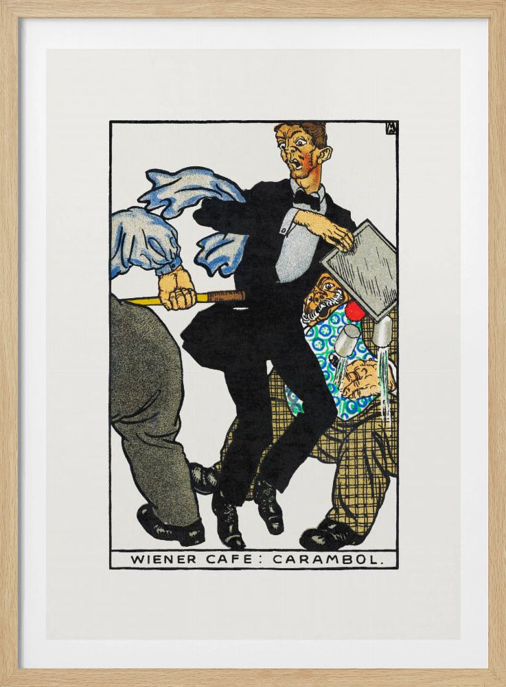A vintage illustration titled 'Wiener Cafe: Carambol', showing a chaotic scene in a cafe. A waiter in a tuxedo looks shocked as he collides with other patrons, one holding a cue stick, causing him to drop his tray and spill drinks. Print