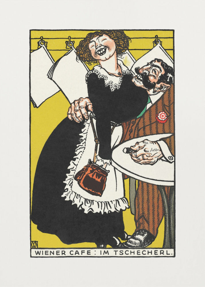 A vintage Viennese illustration depicting a jovial, laughing waitress in a black dress and white apron playfully embracing a surprised, bearded man in a brown suit. The scene is set against a vibrant yellow background with hanging papers and text at the bottom reading 'WIENER CAFE: IM TSCHECHERL.' Poster