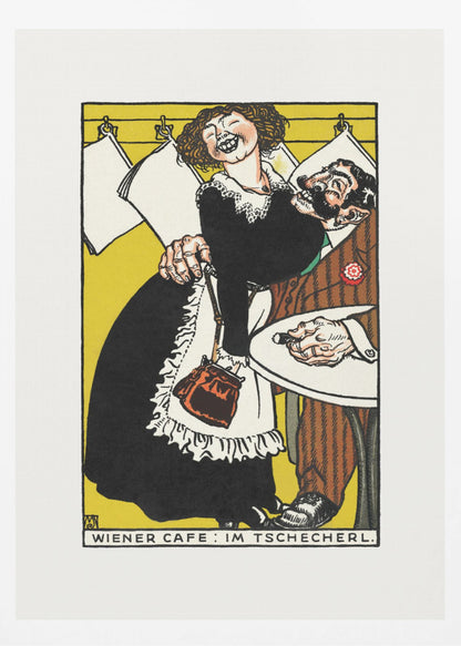 A vintage Viennese illustration depicting a jovial, laughing waitress in a black dress and white apron playfully embracing a surprised, bearded man in a brown suit. The scene is set against a vibrant yellow background with hanging papers and text at the bottom reading 'WIENER CAFE: IM TSCHECHERL.' Poster
