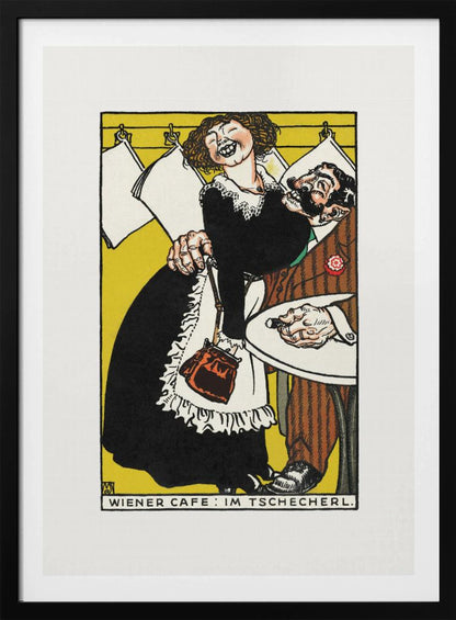 A vintage Viennese illustration depicting a jovial, laughing waitress in a black dress and white apron playfully embracing a surprised, bearded man in a brown suit. The scene is set against a vibrant yellow background with hanging papers and text at the bottom reading 'WIENER CAFE: IM TSCHECHERL.' Poster