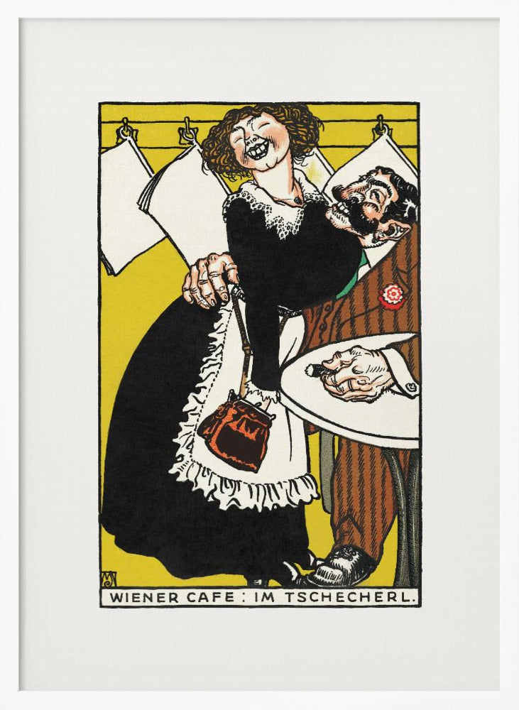 A vintage Viennese illustration depicting a jovial, laughing waitress in a black dress and white apron playfully embracing a surprised, bearded man in a brown suit. The scene is set against a vibrant yellow background with hanging papers and text at the bottom reading 'WIENER CAFE: IM TSCHECHERL.' Poster