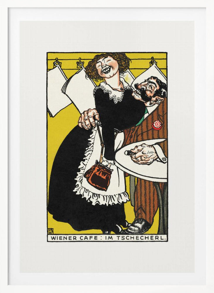A vintage Viennese illustration depicting a jovial, laughing waitress in a black dress and white apron playfully embracing a surprised, bearded man in a brown suit. The scene is set against a vibrant yellow background with hanging papers and text at the bottom reading 'WIENER CAFE: IM TSCHECHERL.' Poster
