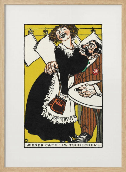 A vintage Viennese illustration depicting a jovial, laughing waitress in a black dress and white apron playfully embracing a surprised, bearded man in a brown suit. The scene is set against a vibrant yellow background with hanging papers and text at the bottom reading 'WIENER CAFE: IM TSCHECHERL.' Poster