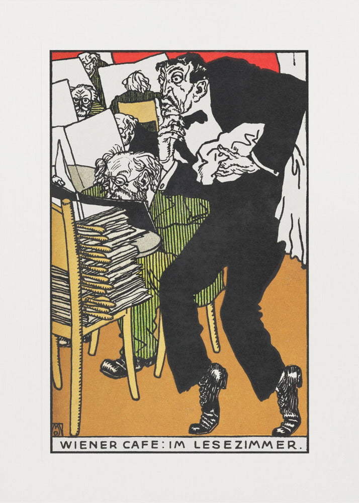 A vintage expressionist illustration titled 'Wiener Cafe: Im Lesezimmer.' The artwork depicts a man in a black suit with a nervous expression tiptoeing through a crowded Viennese cafe reading room. Other patrons are seen absorbed in their newspapers in the background, surrounded by stacks of papers. Poster