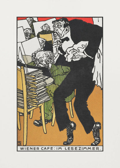 A vintage expressionist illustration titled 'Wiener Cafe: Im Lesezimmer.' The artwork depicts a man in a black suit with a nervous expression tiptoeing through a crowded Viennese cafe reading room. Other patrons are seen absorbed in their newspapers in the background, surrounded by stacks of papers. Poster