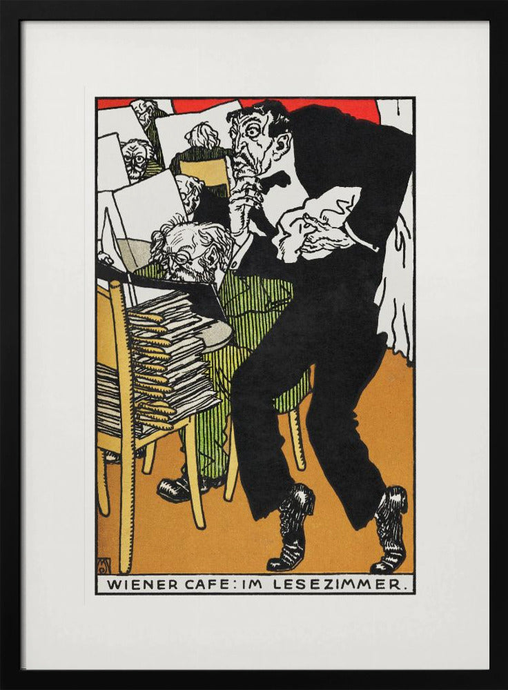 A vintage expressionist illustration titled 'Wiener Cafe: Im Lesezimmer.' The artwork depicts a man in a black suit with a nervous expression tiptoeing through a crowded Viennese cafe reading room. Other patrons are seen absorbed in their newspapers in the background, surrounded by stacks of papers. Poster