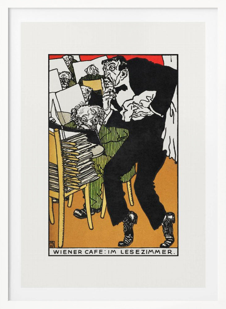 A vintage expressionist illustration titled 'Wiener Cafe: Im Lesezimmer.' The artwork depicts a man in a black suit with a nervous expression tiptoeing through a crowded Viennese cafe reading room. Other patrons are seen absorbed in their newspapers in the background, surrounded by stacks of papers. Poster