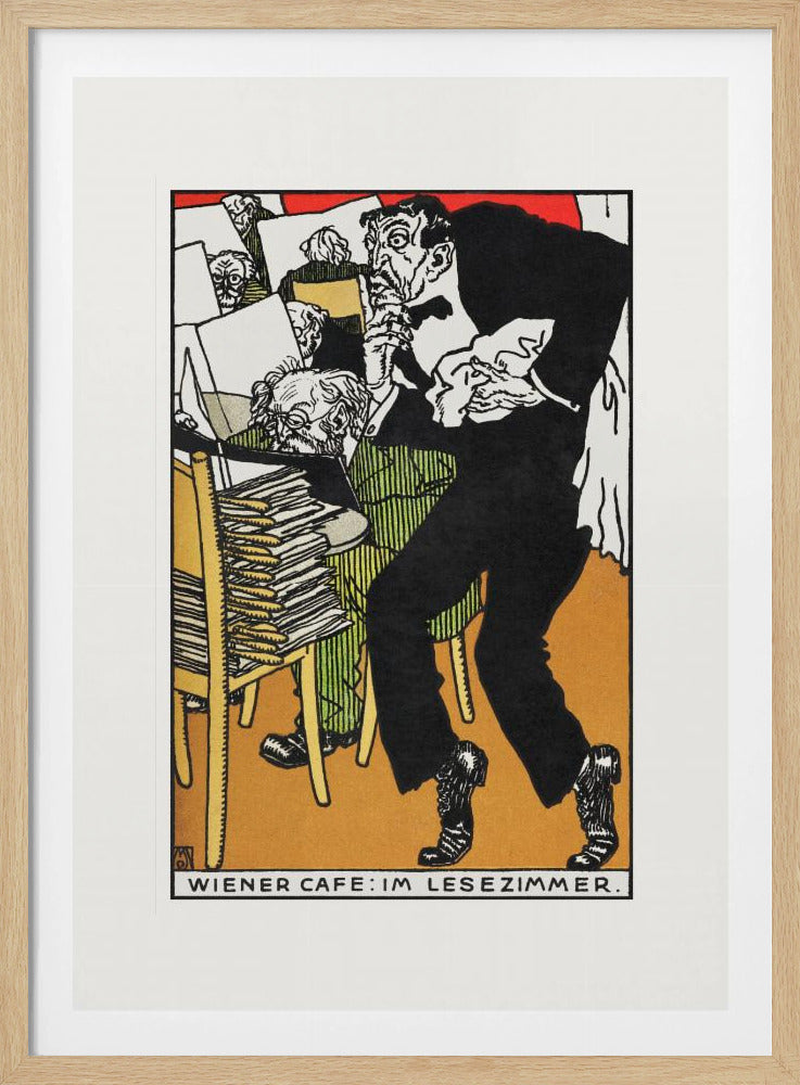 A vintage expressionist illustration titled 'Wiener Cafe: Im Lesezimmer.' The artwork depicts a man in a black suit with a nervous expression tiptoeing through a crowded Viennese cafe reading room. Other patrons are seen absorbed in their newspapers in the background, surrounded by stacks of papers. Poster