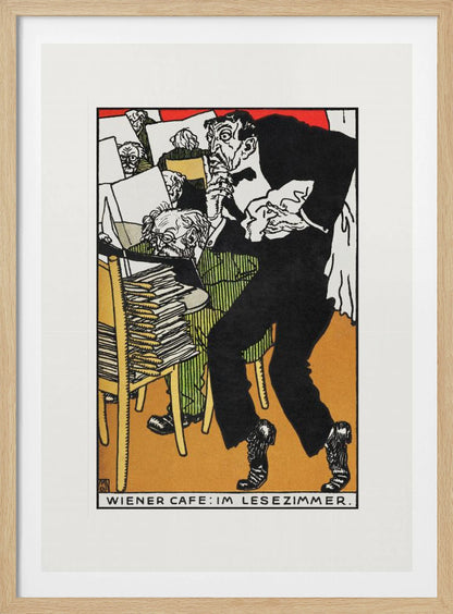A vintage expressionist illustration titled 'Wiener Cafe: Im Lesezimmer.' The artwork depicts a man in a black suit with a nervous expression tiptoeing through a crowded Viennese cafe reading room. Other patrons are seen absorbed in their newspapers in the background, surrounded by stacks of papers. Poster
