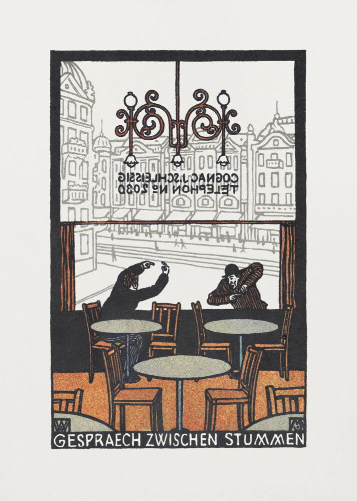A framed vintage woodcut-style print titled 'Gespraech Zwischen Stummen', depicting the interior of a cafe. Two men sit at separate tables, communicating with exaggerated hand gestures. Through the large window behind them, a city scene with buildings is visible. Print