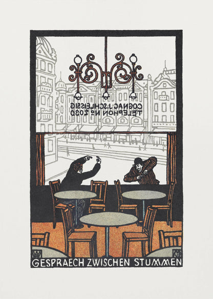 A framed vintage woodcut-style print titled 'Gespraech Zwischen Stummen', depicting the interior of a cafe. Two men sit at separate tables, communicating with exaggerated hand gestures. Through the large window behind them, a city scene with buildings is visible. Print