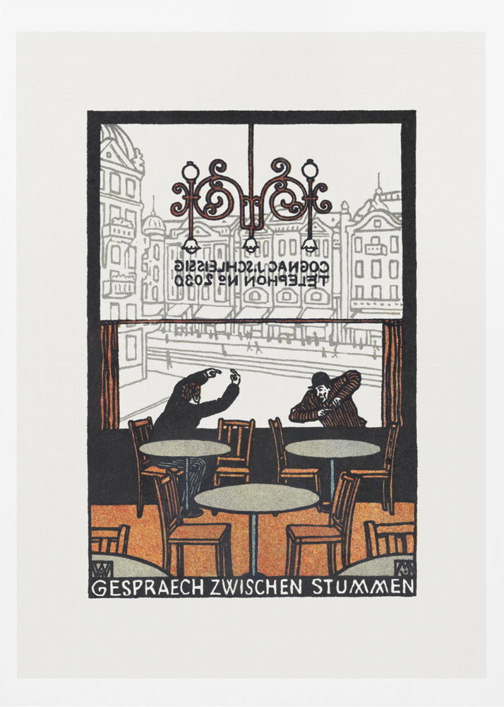 A framed vintage woodcut-style print titled 'Gespraech Zwischen Stummen', depicting the interior of a cafe. Two men sit at separate tables, communicating with exaggerated hand gestures. Through the large window behind them, a city scene with buildings is visible. Print