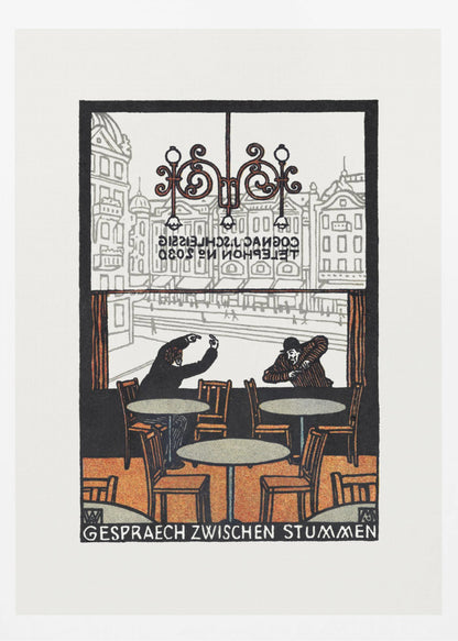 A framed vintage woodcut-style print titled 'Gespraech Zwischen Stummen', depicting the interior of a cafe. Two men sit at separate tables, communicating with exaggerated hand gestures. Through the large window behind them, a city scene with buildings is visible. Print