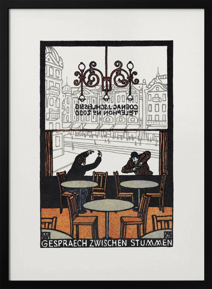 A framed vintage woodcut-style print titled 'Gespraech Zwischen Stummen', depicting the interior of a cafe. Two men sit at separate tables, communicating with exaggerated hand gestures. Through the large window behind them, a city scene with buildings is visible. Print