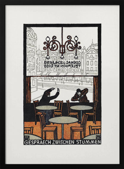 A framed vintage woodcut-style print titled 'Gespraech Zwischen Stummen', depicting the interior of a cafe. Two men sit at separate tables, communicating with exaggerated hand gestures. Through the large window behind them, a city scene with buildings is visible. Print
