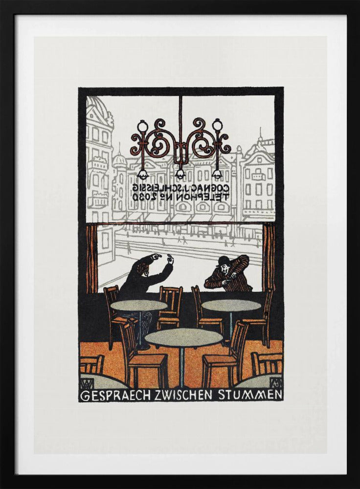 A framed vintage woodcut-style print titled 'Gespraech Zwischen Stummen', depicting the interior of a cafe. Two men sit at separate tables, communicating with exaggerated hand gestures. Through the large window behind them, a city scene with buildings is visible. Print