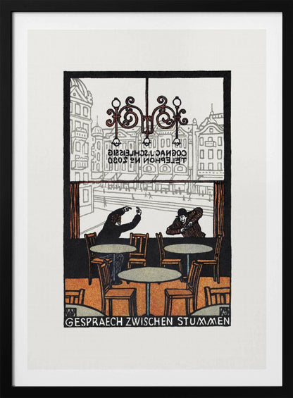 A framed vintage woodcut-style print titled 'Gespraech Zwischen Stummen', depicting the interior of a cafe. Two men sit at separate tables, communicating with exaggerated hand gestures. Through the large window behind them, a city scene with buildings is visible. Print