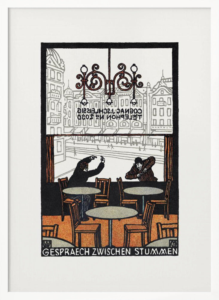 A framed vintage woodcut-style print titled 'Gespraech Zwischen Stummen', depicting the interior of a cafe. Two men sit at separate tables, communicating with exaggerated hand gestures. Through the large window behind them, a city scene with buildings is visible. Print