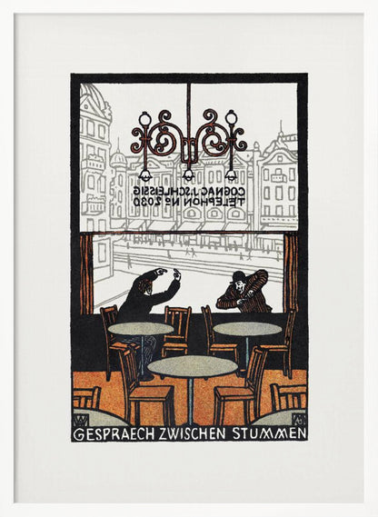 A framed vintage woodcut-style print titled 'Gespraech Zwischen Stummen', depicting the interior of a cafe. Two men sit at separate tables, communicating with exaggerated hand gestures. Through the large window behind them, a city scene with buildings is visible. Print