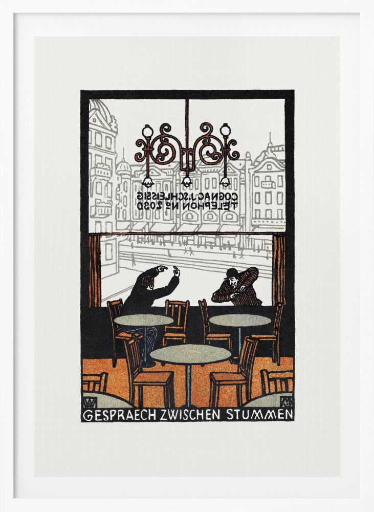 A framed vintage woodcut-style print titled 'Gespraech Zwischen Stummen', depicting the interior of a cafe. Two men sit at separate tables, communicating with exaggerated hand gestures. Through the large window behind them, a city scene with buildings is visible. Print