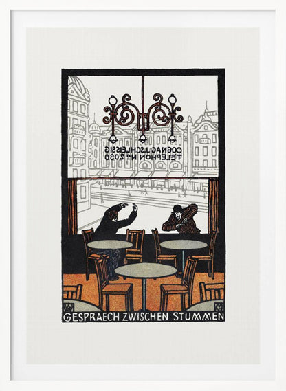 A framed vintage woodcut-style print titled 'Gespraech Zwischen Stummen', depicting the interior of a cafe. Two men sit at separate tables, communicating with exaggerated hand gestures. Through the large window behind them, a city scene with buildings is visible. Print