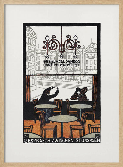 A framed vintage woodcut-style print titled 'Gespraech Zwischen Stummen', depicting the interior of a cafe. Two men sit at separate tables, communicating with exaggerated hand gestures. Through the large window behind them, a city scene with buildings is visible. Print