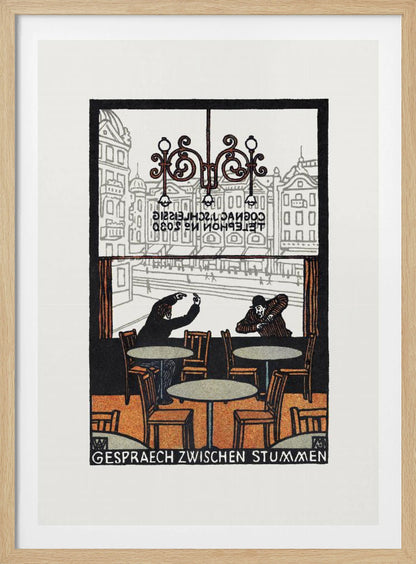 A framed vintage woodcut-style print titled 'Gespraech Zwischen Stummen', depicting the interior of a cafe. Two men sit at separate tables, communicating with exaggerated hand gestures. Through the large window behind them, a city scene with buildings is visible. Print