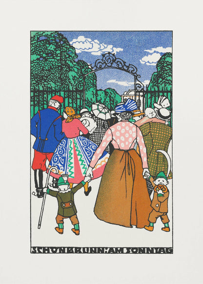A vintage illustration titled 'Schonbrunn am Sonntag' depicting a crowd of people in colorful, early 20th-century attire entering a park through an ornate iron gate. A woman in the center holds the hands of two children, all walking towards the green trees under a blue sky. Decor