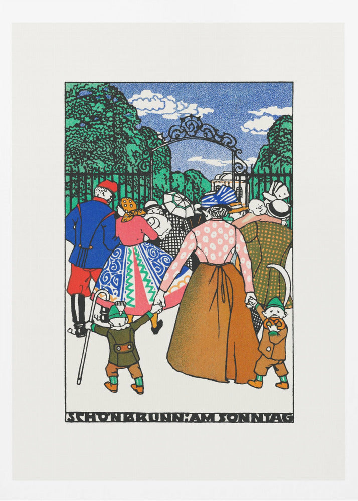 A vintage illustration titled 'Schonbrunn am Sonntag' depicting a crowd of people in colorful, early 20th-century attire entering a park through an ornate iron gate. A woman in the center holds the hands of two children, all walking towards the green trees under a blue sky. Decor