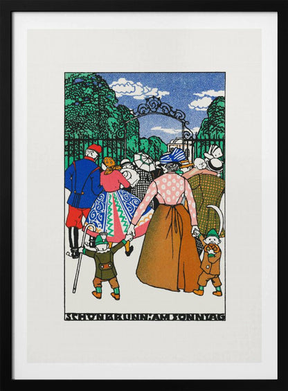 A vintage illustration titled 'Schonbrunn am Sonntag' depicting a crowd of people in colorful, early 20th-century attire entering a park through an ornate iron gate. A woman in the center holds the hands of two children, all walking towards the green trees under a blue sky. Decor
