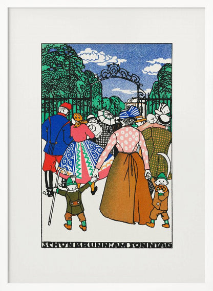 A vintage illustration titled 'Schonbrunn am Sonntag' depicting a crowd of people in colorful, early 20th-century attire entering a park through an ornate iron gate. A woman in the center holds the hands of two children, all walking towards the green trees under a blue sky. Decor