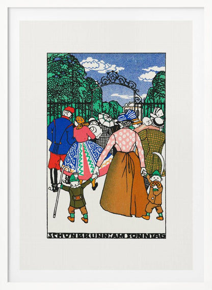 A vintage illustration titled 'Schonbrunn am Sonntag' depicting a crowd of people in colorful, early 20th-century attire entering a park through an ornate iron gate. A woman in the center holds the hands of two children, all walking towards the green trees under a blue sky. Decor