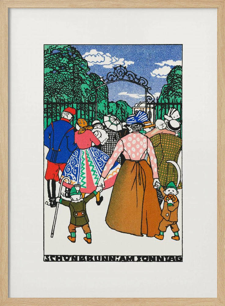 A vintage illustration titled 'Schonbrunn am Sonntag' depicting a crowd of people in colorful, early 20th-century attire entering a park through an ornate iron gate. A woman in the center holds the hands of two children, all walking towards the green trees under a blue sky. Decor