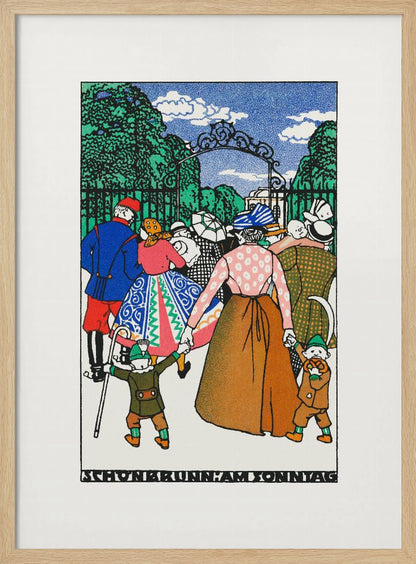 A vintage illustration titled 'Schonbrunn am Sonntag' depicting a crowd of people in colorful, early 20th-century attire entering a park through an ornate iron gate. A woman in the center holds the hands of two children, all walking towards the green trees under a blue sky. Decor