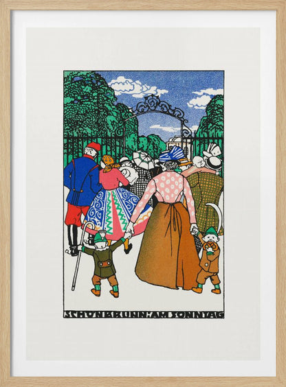 A vintage illustration titled 'Schonbrunn am Sonntag' depicting a crowd of people in colorful, early 20th-century attire entering a park through an ornate iron gate. A woman in the center holds the hands of two children, all walking towards the green trees under a blue sky. Decor