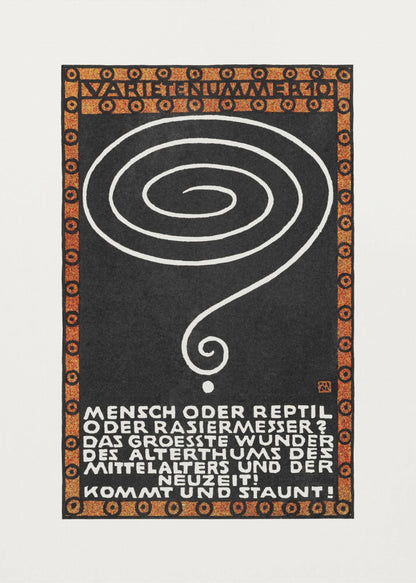 A vintage German poster with a black background, framed by a decorative orange and black border. In the center is a large, hand-drawn white spiral that tapers into a question mark. At the top, the words 'VARIETENUMMER 101' are displayed. Below the spiral, there is a block of white text in German. Wall Art
