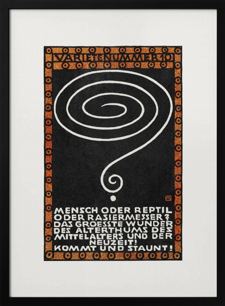 A vintage German poster with a black background, framed by a decorative orange and black border. In the center is a large, hand-drawn white spiral that tapers into a question mark. At the top, the words 'VARIETENUMMER 101' are displayed. Below the spiral, there is a block of white text in German. Wall Art