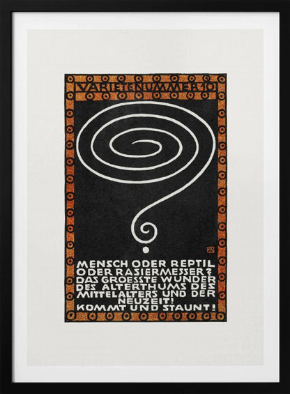 A vintage German poster with a black background, framed by a decorative orange and black border. In the center is a large, hand-drawn white spiral that tapers into a question mark. At the top, the words 'VARIETENUMMER 101' are displayed. Below the spiral, there is a block of white text in German. Wall Art