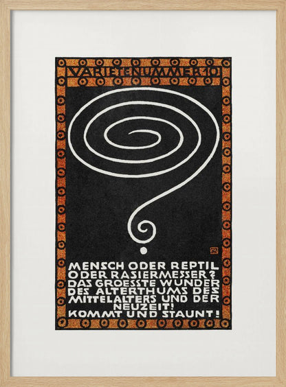 A vintage German poster with a black background, framed by a decorative orange and black border. In the center is a large, hand-drawn white spiral that tapers into a question mark. At the top, the words 'VARIETENUMMER 101' are displayed. Below the spiral, there is a block of white text in German. Wall Art